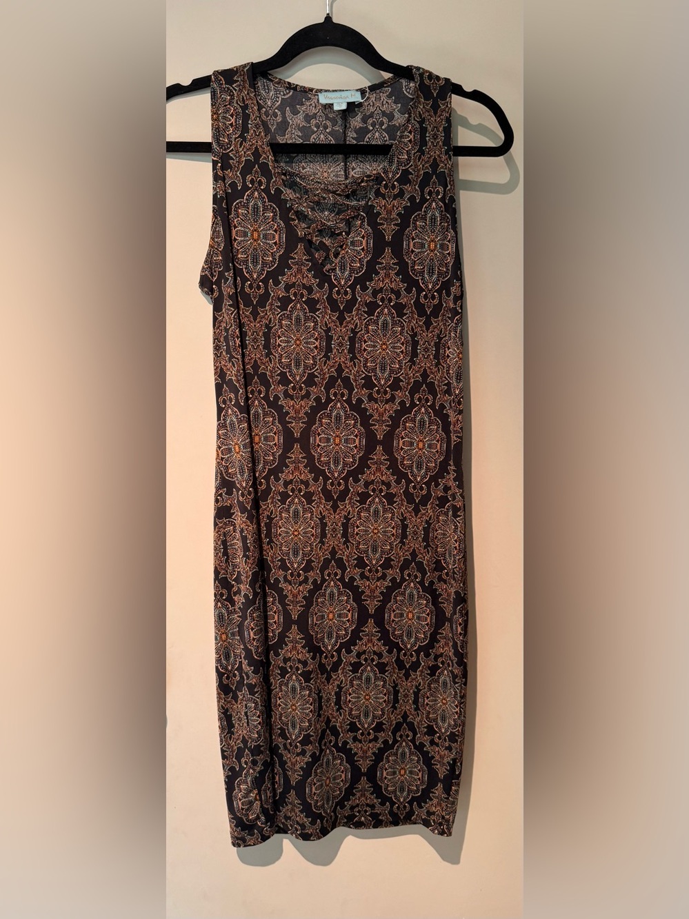 Veronica M Black Midi Dress with Brown & Cream Medallion Print